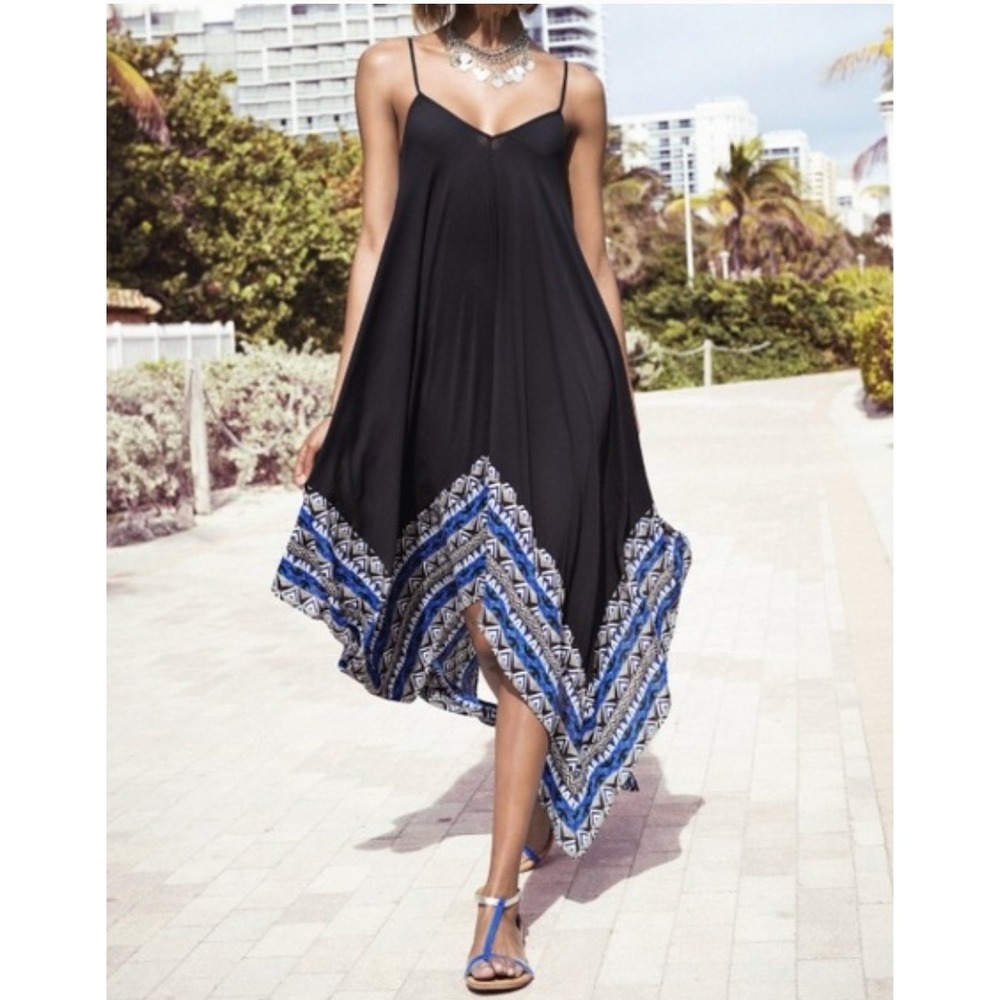 Express Dress Womens XS Black Blue Asymmetrical Spaghetti Handkerchief Slip